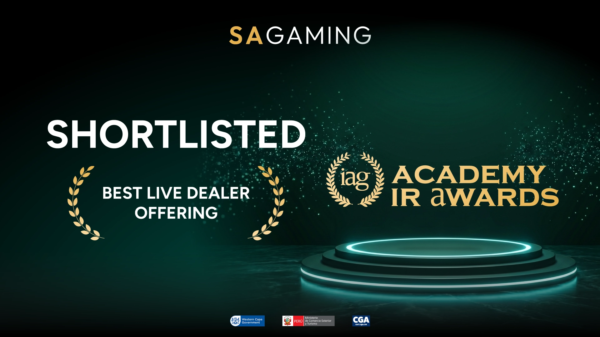SA Gaming announcing its Best Live Dealer Offering shortlist at the 2026 IAG Academy IR Awards, with a glowing stage.